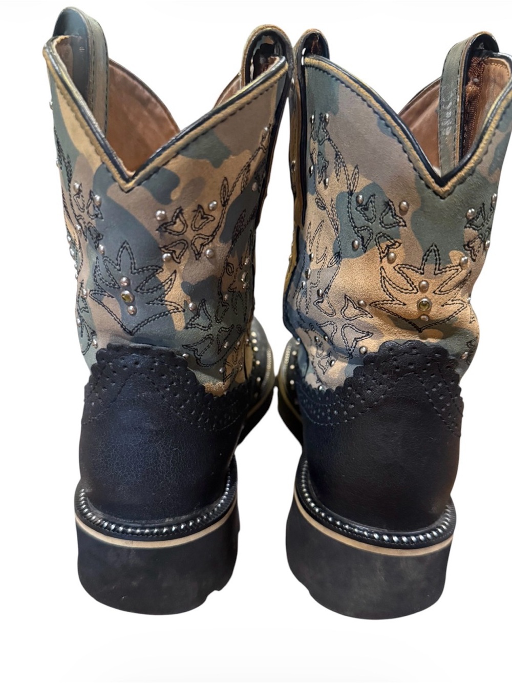 Ariat Fatbaby Western Boots Womens 8.5B Black Camo Floral Studded Leather Cowboy - Picture 3 of 15